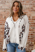Apricot Oversized Leopard Contrast Mixed Texture Patchwork Zip Up Drop Shoulder Hoodie