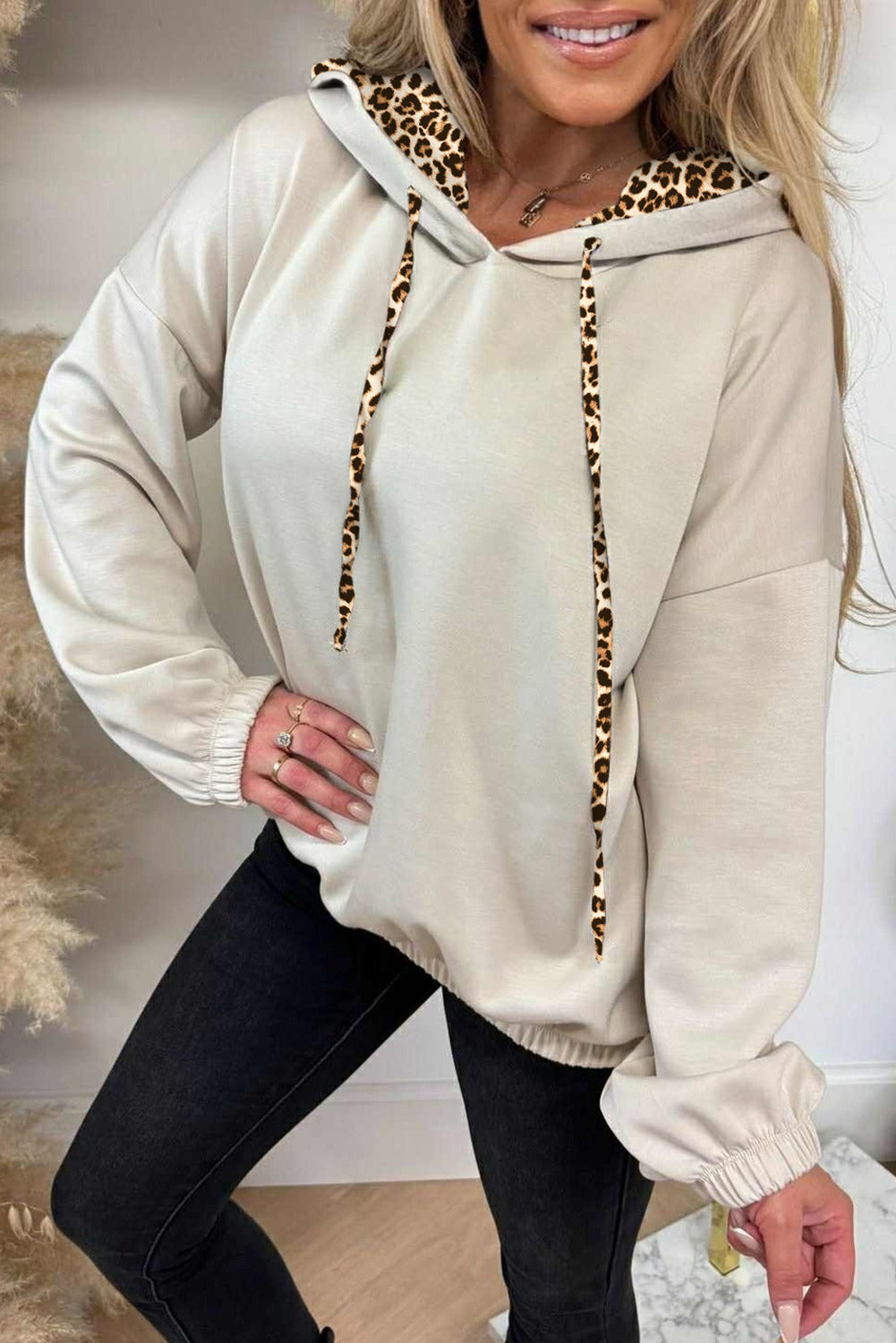 Black Leopard Contrast Drawstring Hood Drop Shoulder Loose Top